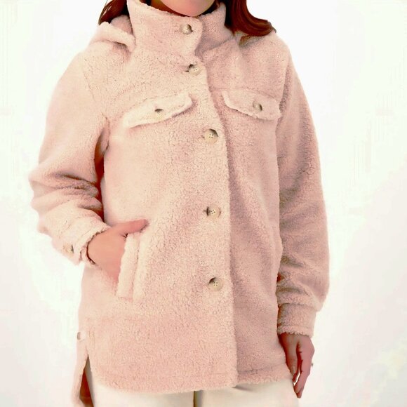 Koolaburra by UGG Shacket 1X Blush Faux Sherpa with Button Off Hood Poly. Lining - Picture 1 of 16